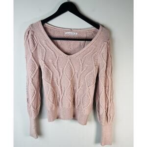 Abercrombie & Fitch Sweater Womens S Pink Cable Knit V Neck Long Puff Sleeve